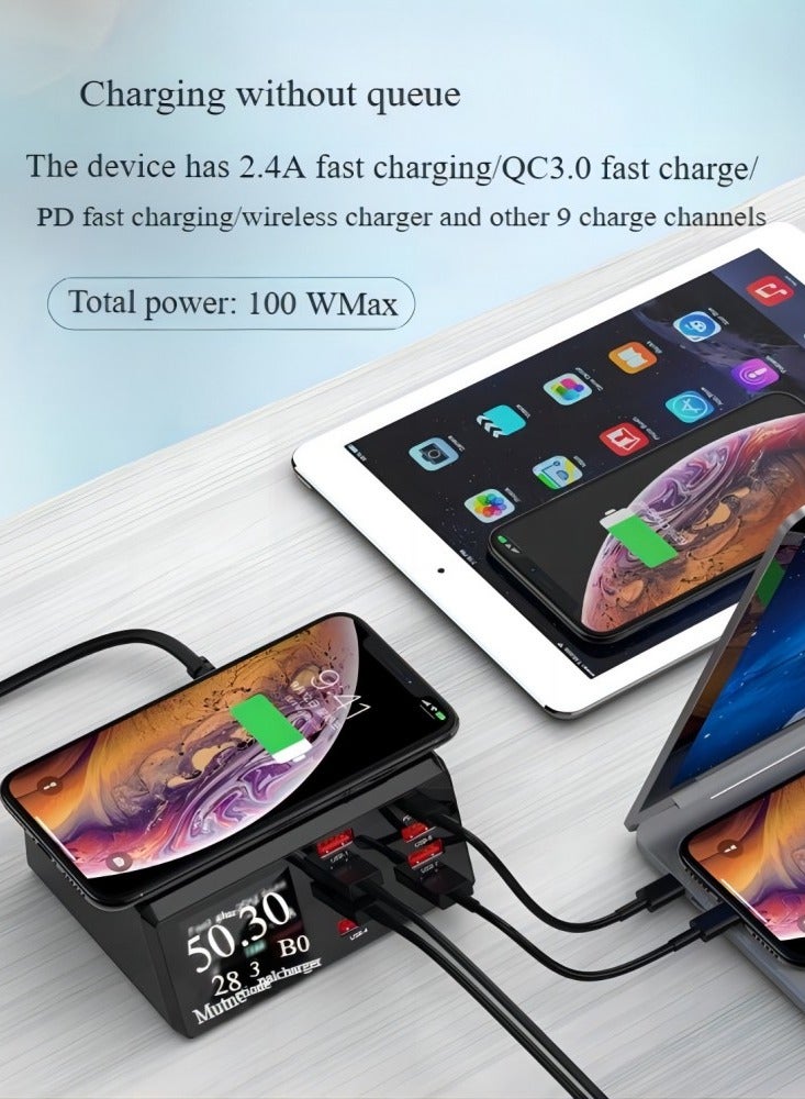 Intelligent digital display wireless charger, multi-function 100W high-power PD20W fast charging USB, QC3.0 multi-port charging mobile phone wireless charger  - Image 3