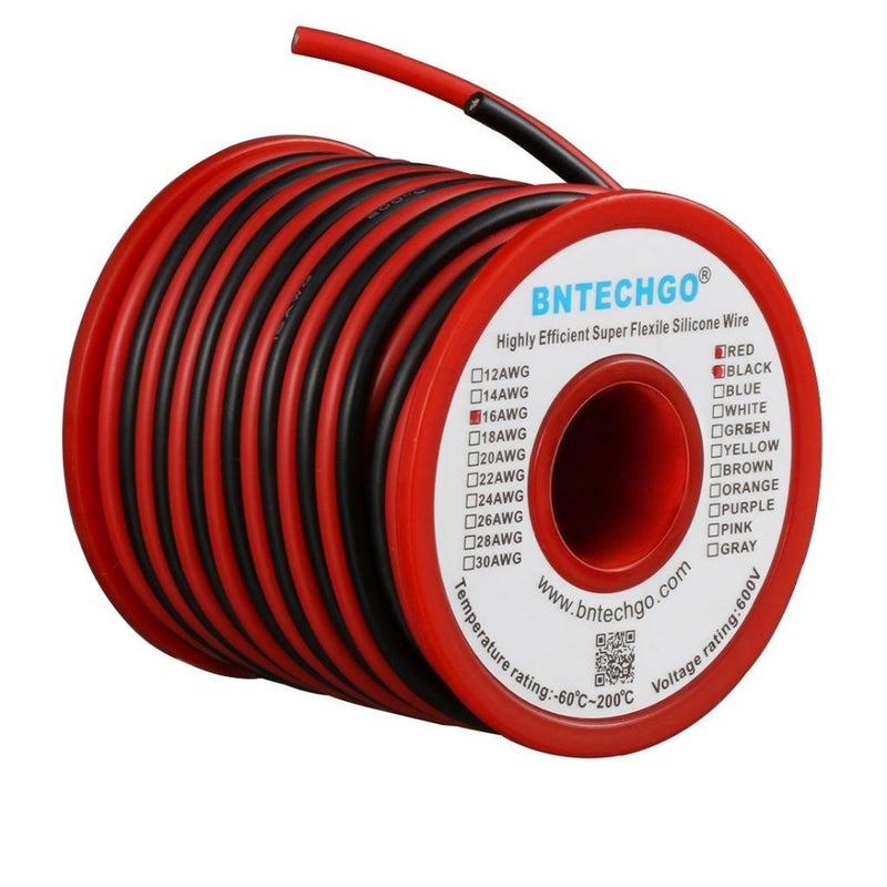 BNTECHGO 16 Gauge Silicone Wire Spool Red 25ft and Black 25ft 2 Separate Wires Flexible 16 AWG Stranded Tinned Copper Wire