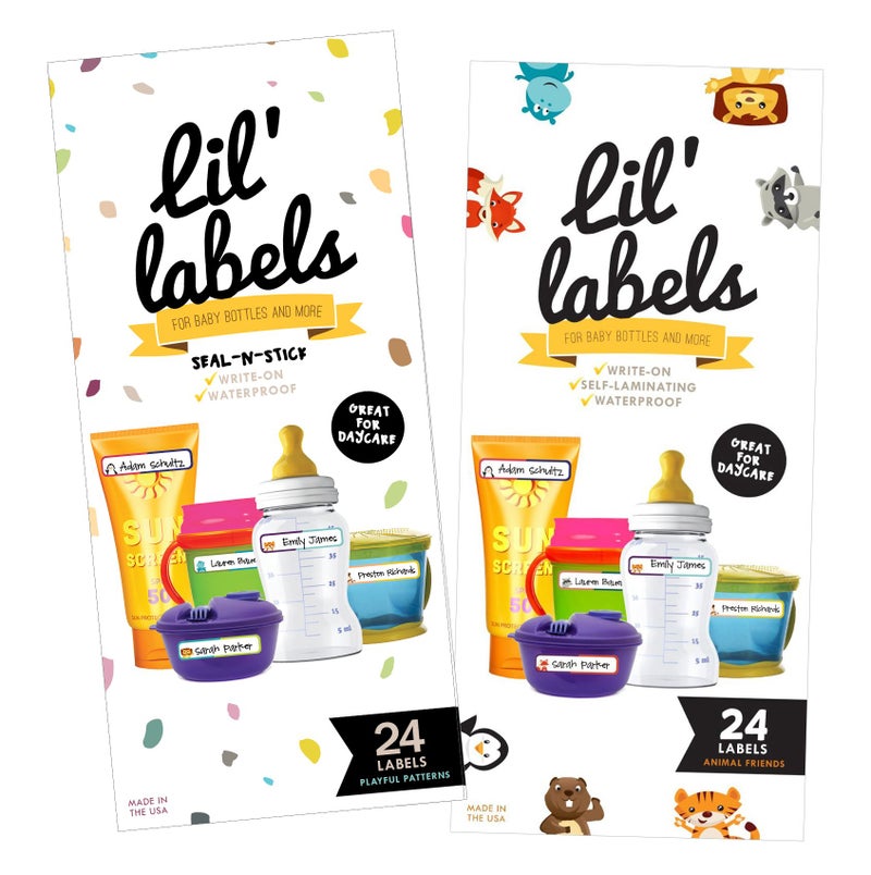 Lil' Labels Bottle Labels, Write-On, Self-Laminating, Waterproof Kids Name Labels for Baby Bottles, Sippy Cup for Daycare School, Dishwasher Safe (Variety Pack, Set of 2) - Image 1