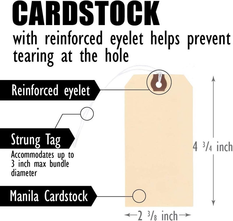 AMRAM Blank Shipping Tags with String,100 Pieces 4 3/4-in x 2 3/8-in, Manila with Reinforced Eyelet - Image 3