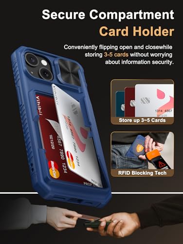 Vihibii for iPhone 15, iPhone 14, and iPhone 13 Wallet Case with Card Holder (4 Cards), [RFID Blocking] & Slide Lens Camera Cover & Raised Edges Protect Screen, Shockproof Wallet Phone Case, Blue - Image 3