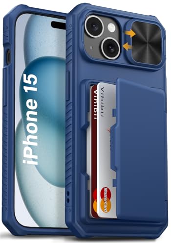 Vihibii for iPhone 15, iPhone 14, and iPhone 13 Wallet Case with Card Holder (4 Cards), [RFID Blocking] & Slide Lens Camera Cover & Raised Edges Protect Screen, Shockproof Wallet Phone Case, Blue - Image 1