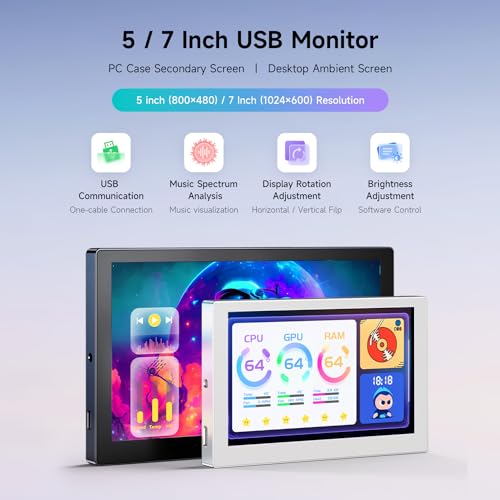 Waveshare ويفشير 5 بوصة شاشة USB، شاشة ثانوية لحاسوب مكتبي/حالة حاسوب، شاشة RGB محيطية، لوحة IPS، دقة 800×480، مع وظيفة تحليل طيف الموسيقى، واجهة Type-C، حالة معدنية CNC، فضي - Image 3
