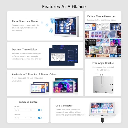 Waveshare ويفشير 5 بوصة شاشة USB، شاشة ثانوية لحاسوب مكتبي/حالة حاسوب، شاشة RGB محيطية، لوحة IPS، دقة 800×480، مع وظيفة تحليل طيف الموسيقى، واجهة Type-C، حالة معدنية CNC، فضي - Image 4