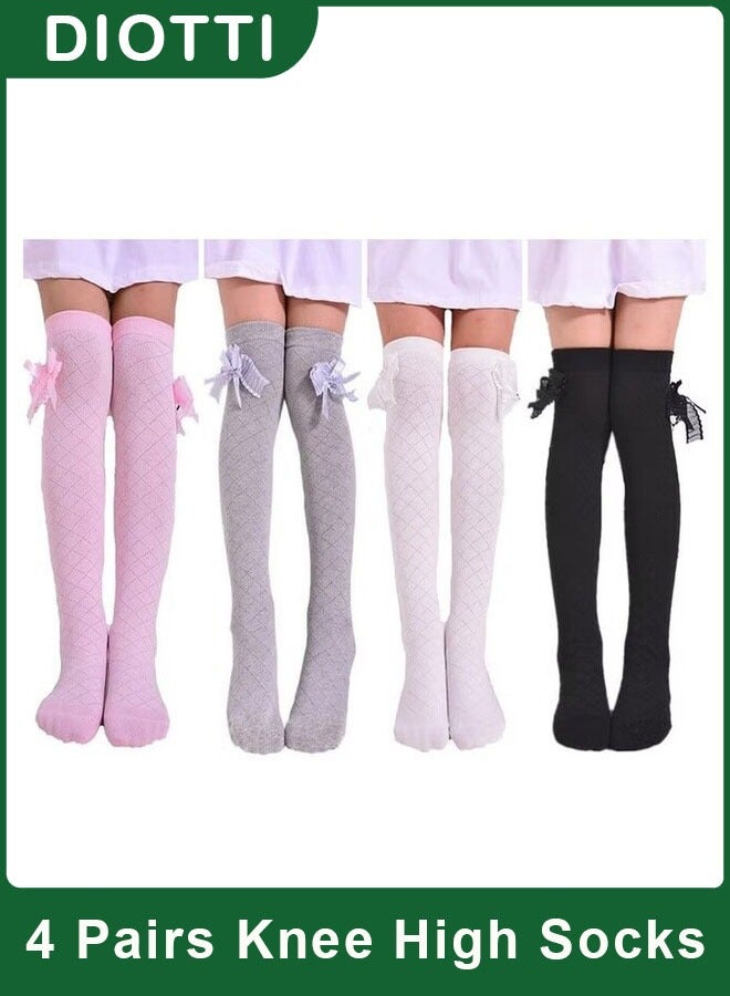 ديوتي 4 أزواج من الجوارب الطويلة حتى الركبة للفتيات مع كشكشة من الدانتيل، جوارب شبكية قطنية على شكل فيونكة للأطفال (من سن 3 إلى 8 سنوات، 100-140 سم) - Image 1