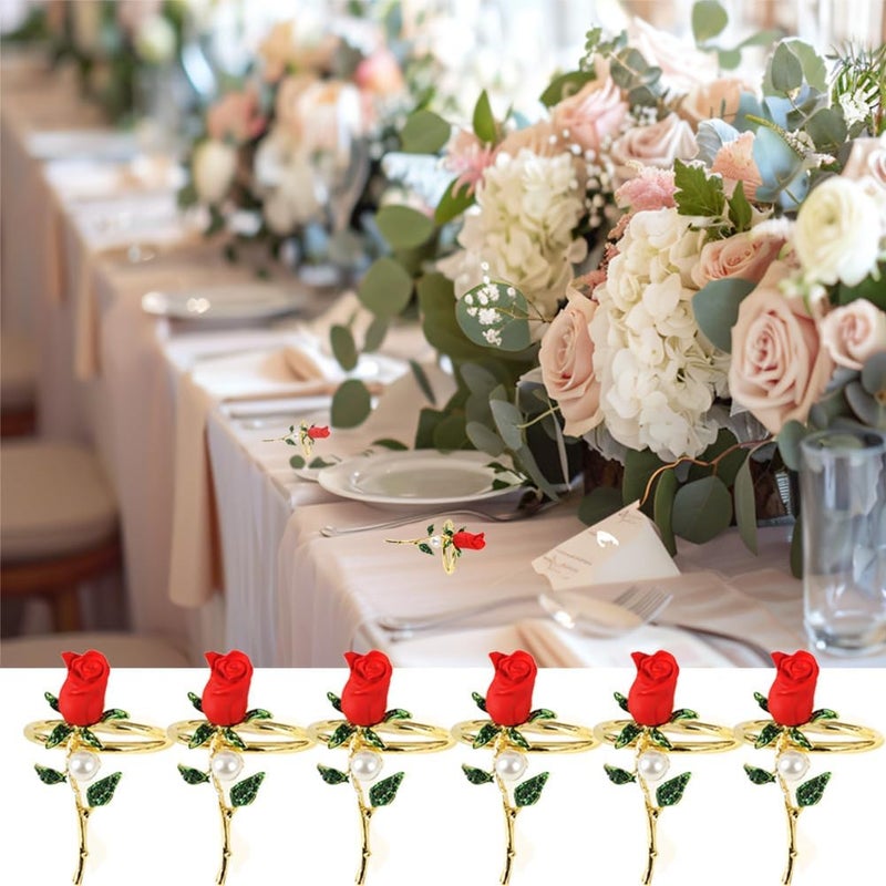 Hdtyyln Napkin Rings, Rose Napkin Ring Set of 6, Holiday Napkin Rings for Table Cloths for Decor, Romantic Flower Napkin Holder for Wedding Valentine Festival Banquet Dining Table - Image 2