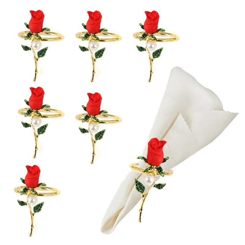 Hdtyyln Napkin Rings, Rose Napkin Ring Set of 6, Holiday Napkin Rings for Table Cloths for Decor, Romantic Flower Napkin Holder for Wedding Valentine Festival Banquet Dining Table - Image 1