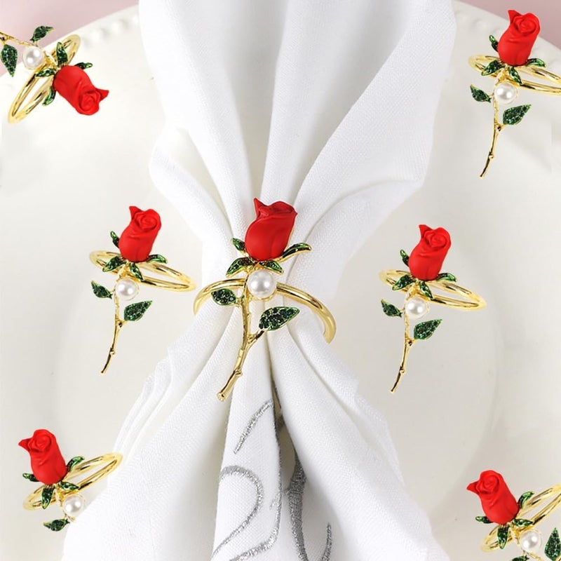 Hdtyyln Napkin Rings, Rose Napkin Ring Set of 6, Holiday Napkin Rings for Table Cloths for Decor, Romantic Flower Napkin Holder for Wedding Valentine Festival Banquet Dining Table - Image 4