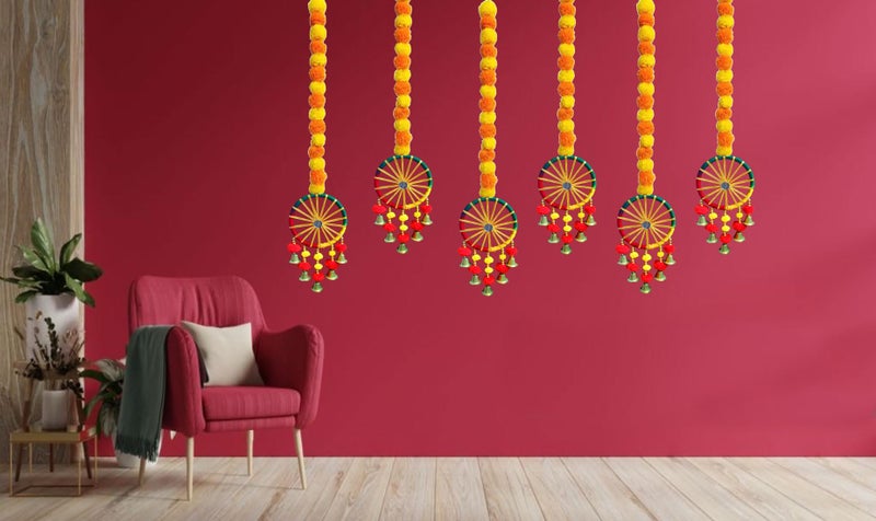 Tia Crafts Handmade Wall Door Hangings | Diwali Festive Decoration | Bedroom, Balcony, Living Room, Temple, Pooja Room Decoration | Garlands for Home (Marigold Charki Bells (Set of 6)) - Image 4