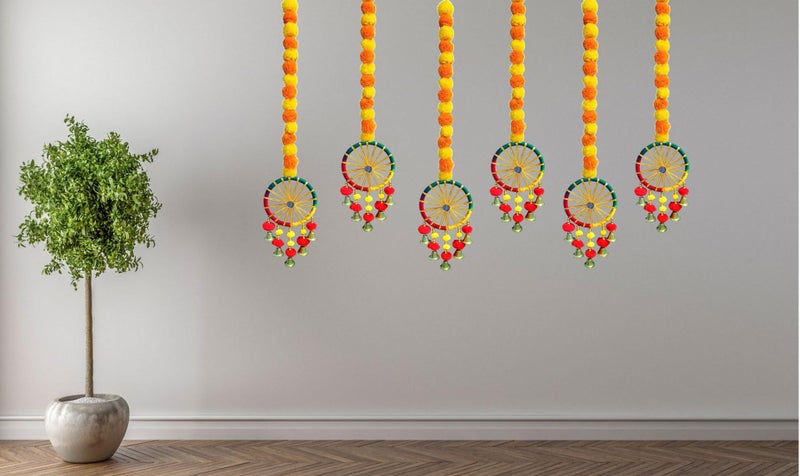 Tia Crafts Handmade Wall Door Hangings | Diwali Festive Decoration | Bedroom, Balcony, Living Room, Temple, Pooja Room Decoration | Garlands for Home (Marigold Charki Bells (Set of 6)) - Image 3