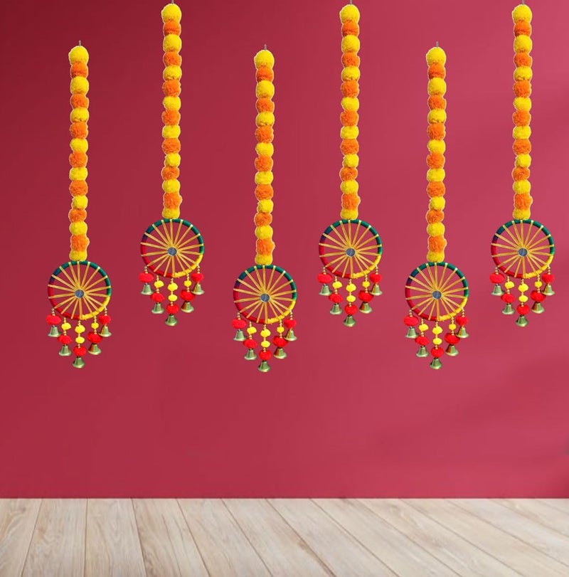 Tia Crafts Handmade Wall Door Hangings | Diwali Festive Decoration | Bedroom, Balcony, Living Room, Temple, Pooja Room Decoration | Garlands for Home (Marigold Charki Bells (Set of 6)) - Image 2