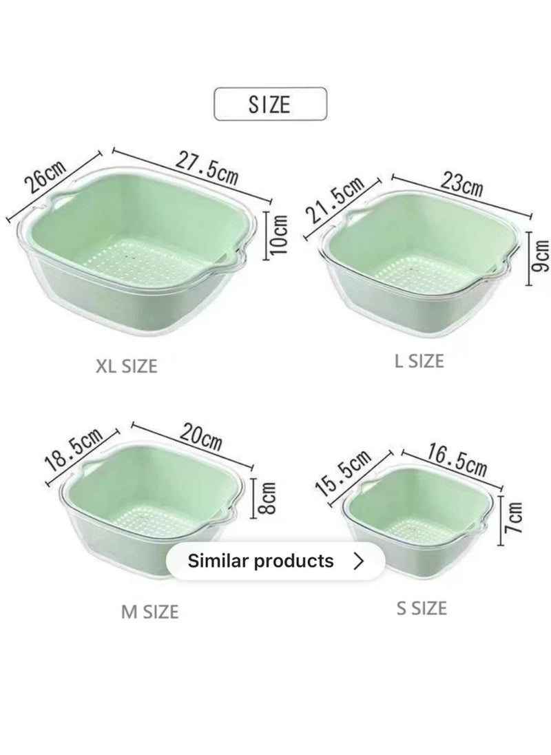 Vegetable washing set, 4-in-1 colander set with an acrylic plate, consisting of two layers. The first layer is a deep plate and the second layer is a colander for easy washing and soaking of vegetables. Dimensions are shown in the pictures. Number of pieces: 8 pieces. A must-have in your kitchen.