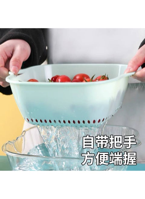 Vegetable washing set, 4-in-1 colander set with an acrylic plate, consisting of two layers. The first layer is a deep plate and the second layer is a colander for easy washing and soaking of vegetables. Dimensions are shown in the pictures. Number of pieces: 8 pieces. A must-have in your kitchen.
