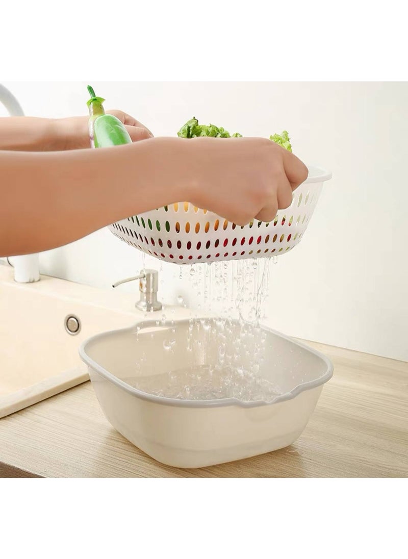 Vegetable washing set, 4-in-1 colander set with an acrylic plate, consisting of two layers. The first layer is a deep plate and the second layer is a colander for easy washing and soaking of vegetables. Dimensions are shown in the pictures. Number of pieces: 8 pieces. A must-have in your kitchen.