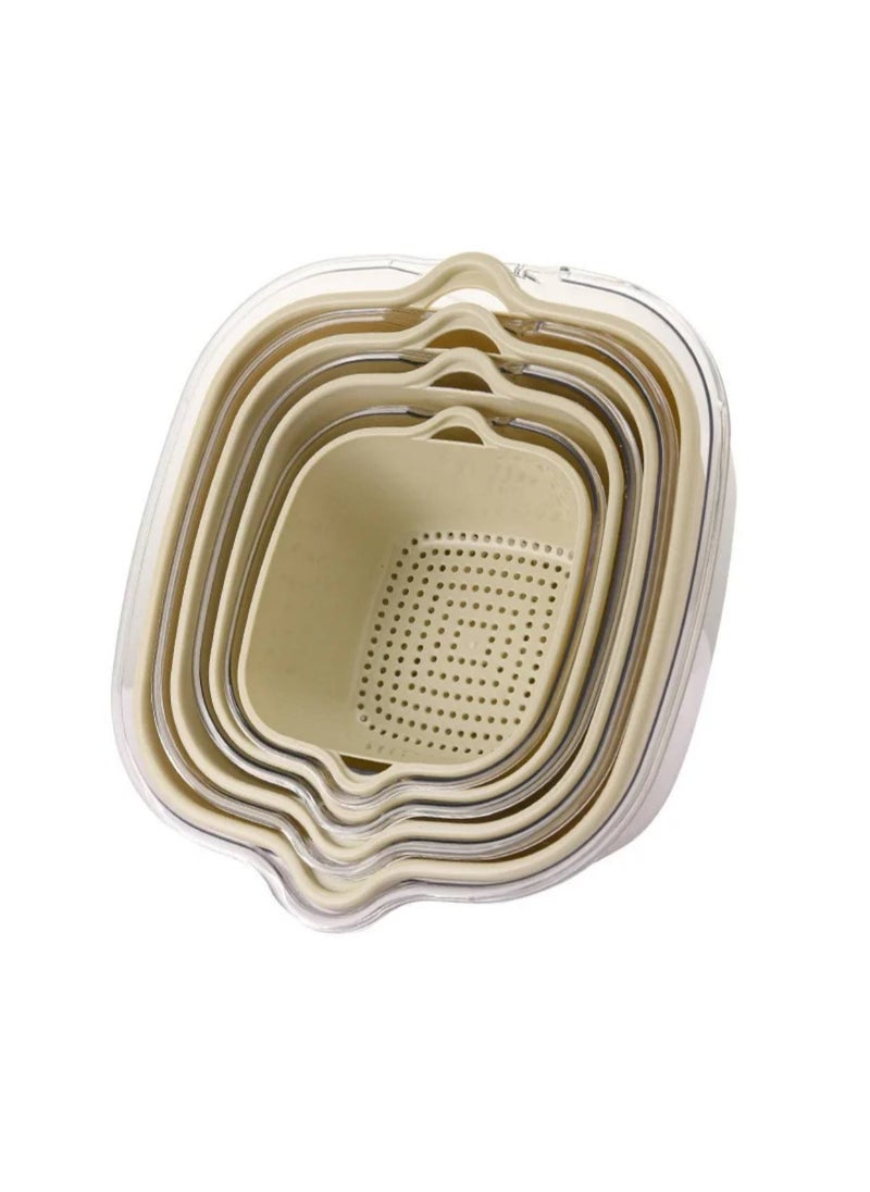 Vegetable washing set, 4-in-1 colander set with an acrylic plate, consisting of two layers. The first layer is a deep plate and the second layer is a colander for easy washing and soaking of vegetables. Dimensions are shown in the pictures. Number of pieces: 8 pieces. A must-have in your kitchen.