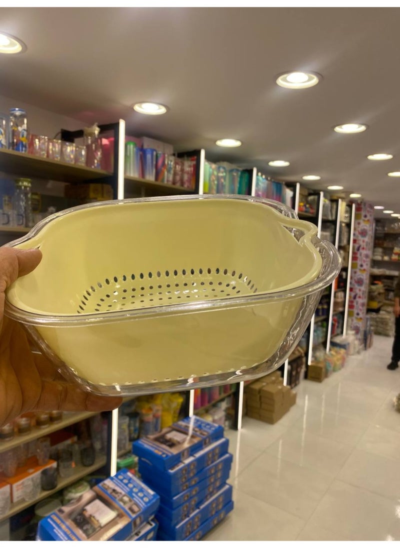 Vegetable washing set, 4-in-1 colander set with an acrylic plate, consisting of two layers. The first layer is a deep plate and the second layer is a colander for easy washing and soaking of vegetables. Dimensions are shown in the pictures. Number of pieces: 8 pieces. A must-have in your kitchen.