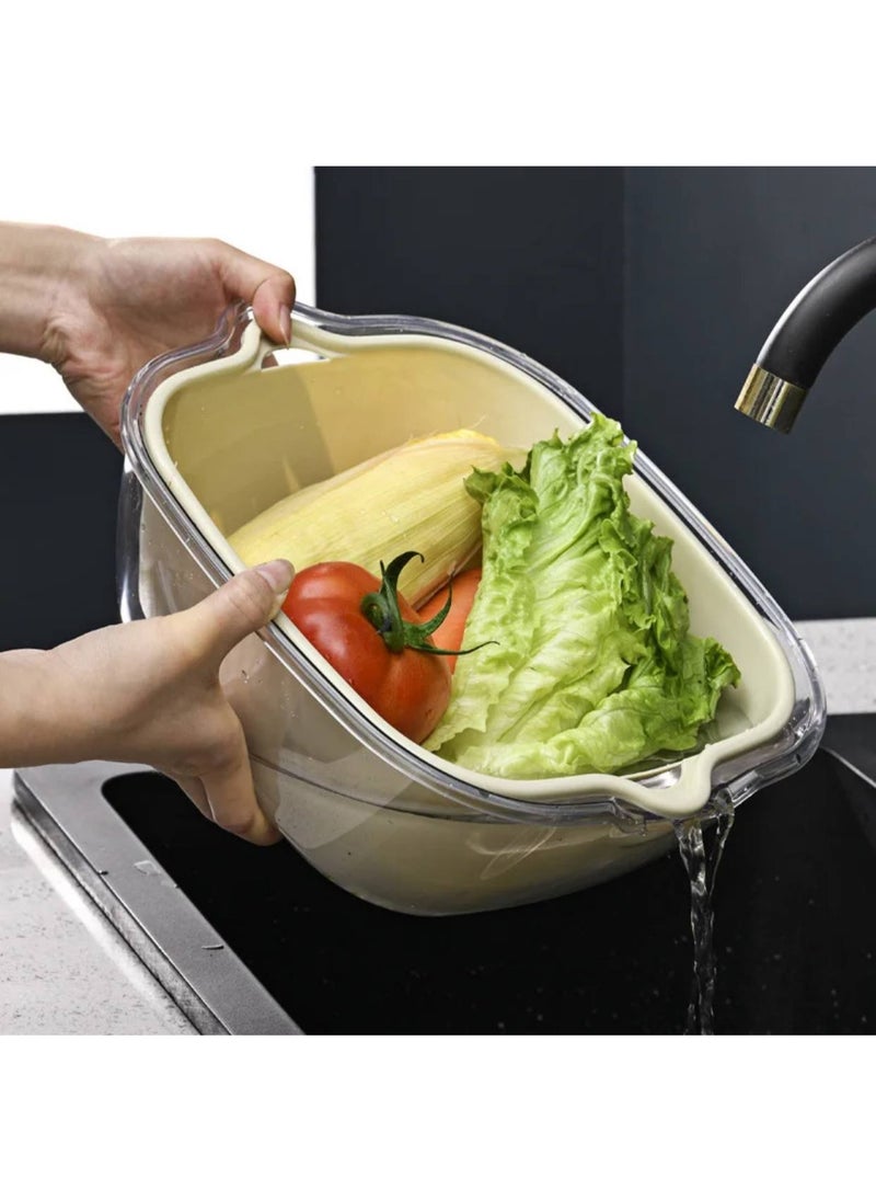 Vegetable washing set, 4-in-1 colander set with an acrylic plate, consisting of two layers. The first layer is a deep plate and the second layer is a colander for easy washing and soaking of vegetables. Dimensions are shown in the pictures. Number of pieces: 8 pieces. A must-have in your kitchen.
