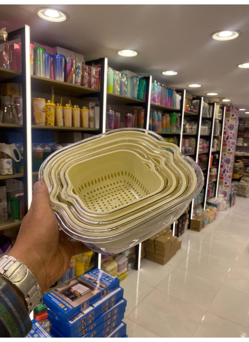 Vegetable washing set, 4-in-1 colander set with an acrylic plate, consisting of two layers. The first layer is a deep plate and the second layer is a colander for easy washing and soaking of vegetables. Dimensions are shown in the pictures. Number of pieces: 8 pieces. A must-have in your kitchen.
