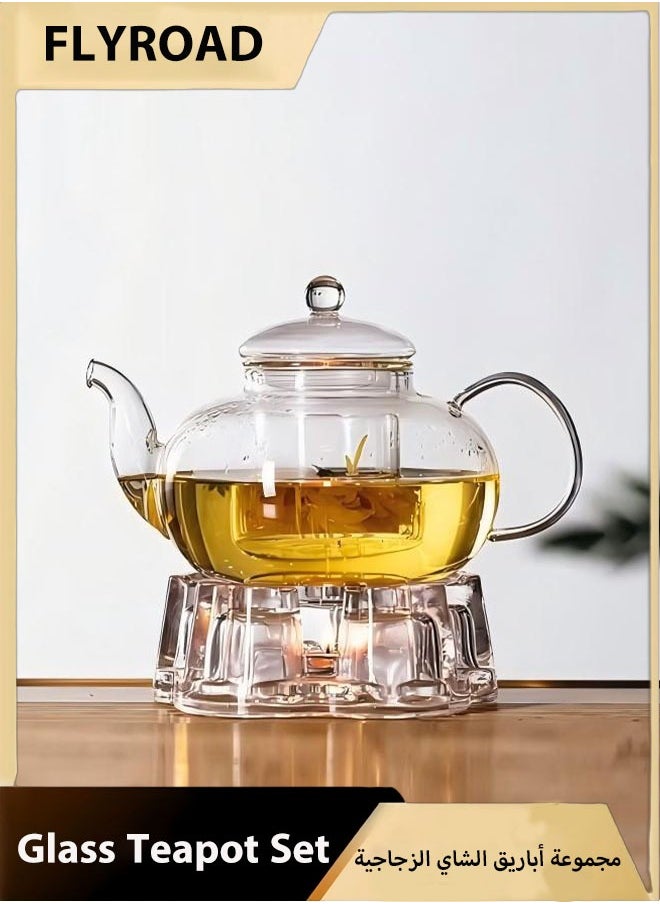 FLYROAD Full Glass Kettle Teapot Set with Removable Infuser Strainer and Heart Shaped Candle Holder Warmer Heating  - Image 1