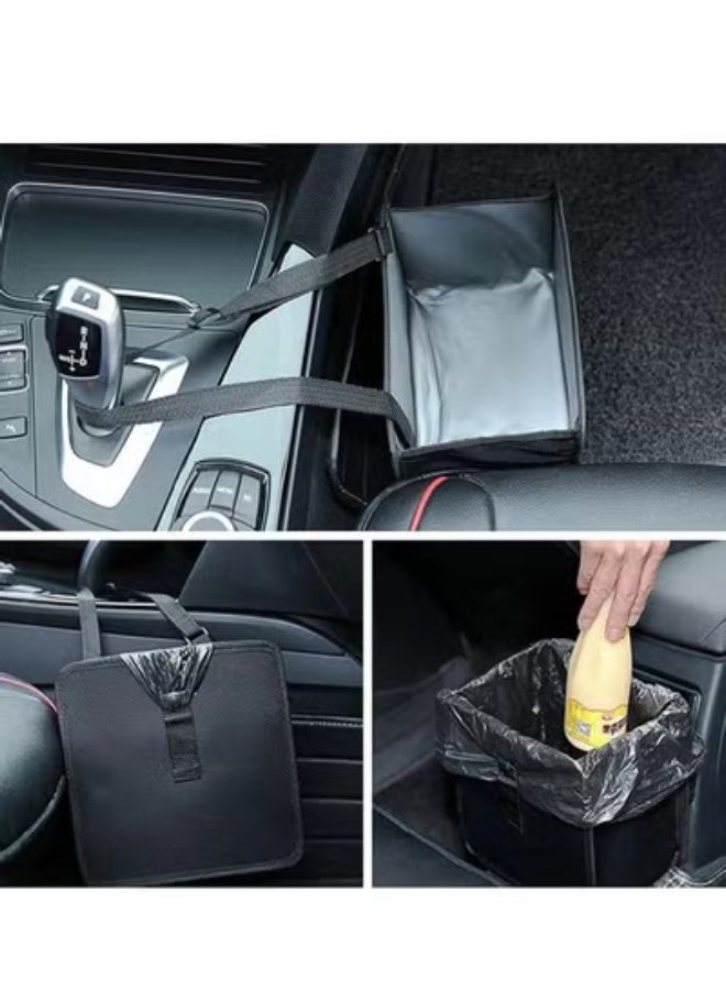 كيو صندوق مهملات السيارات، تعليق كيس مهملات السيارات، صندوق نفايات قابل للطي، المقعد الأمامي، المقعد الخلفي، جلد نباتي، قابل للطي (أسود) - Image 5