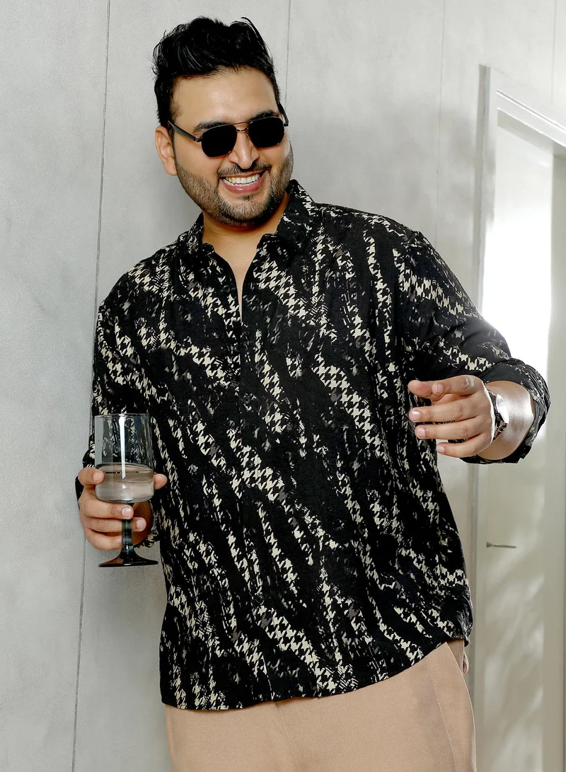Instafab Plus Instafab Plus Men's Black Grazed-Houndstooth Imprint Shirt | Spread Collar , Long Cuffed Sleeves , Button Closure , Curved Hemline | Geometric-Print Plain Polyester Blend For Street & Casual Wear