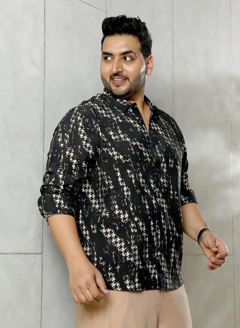 انستافاب بلس Instafab Plus Men's Black Grazed-Houndstooth Imprint Shirt | Spread Collar , Long Cuffed Sleeves , Button Closure , Curved Hemline | Geometric-Print Plain Polyester Blend For Street & Casual Wear