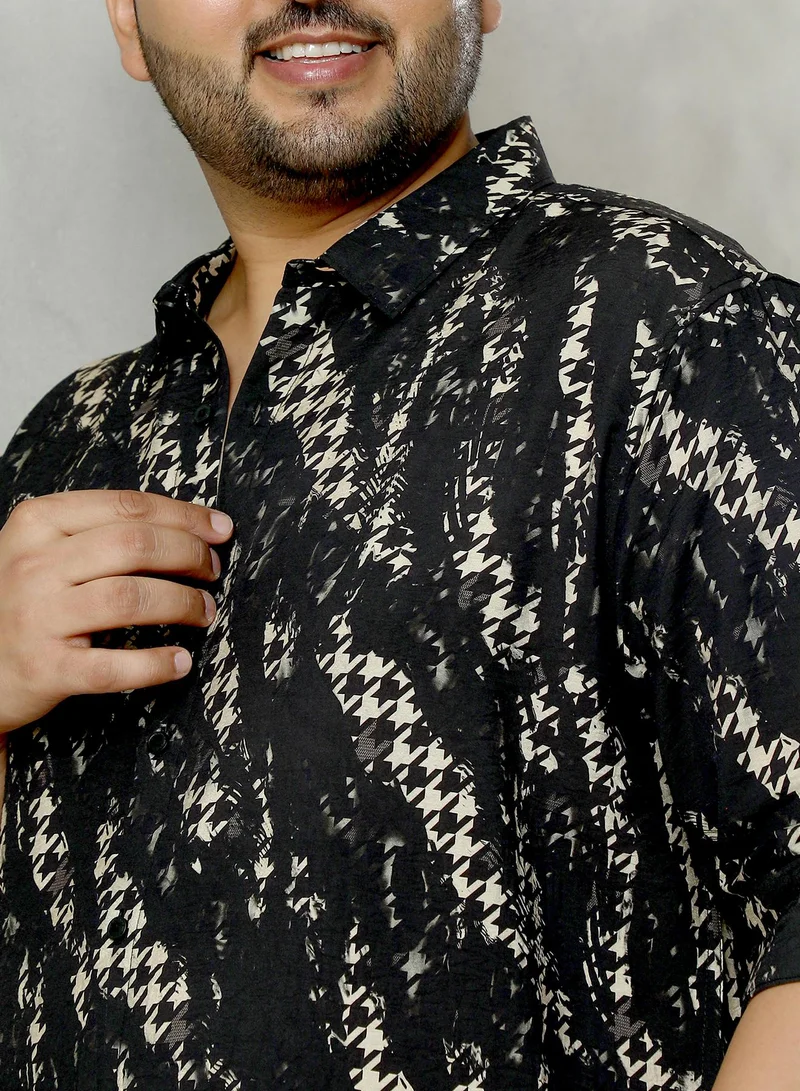انستافاب بلس Instafab Plus Men's Black Grazed-Houndstooth Imprint Shirt | Spread Collar , Long Cuffed Sleeves , Button Closure , Curved Hemline | Geometric-Print Plain Polyester Blend For Street & Casual Wear