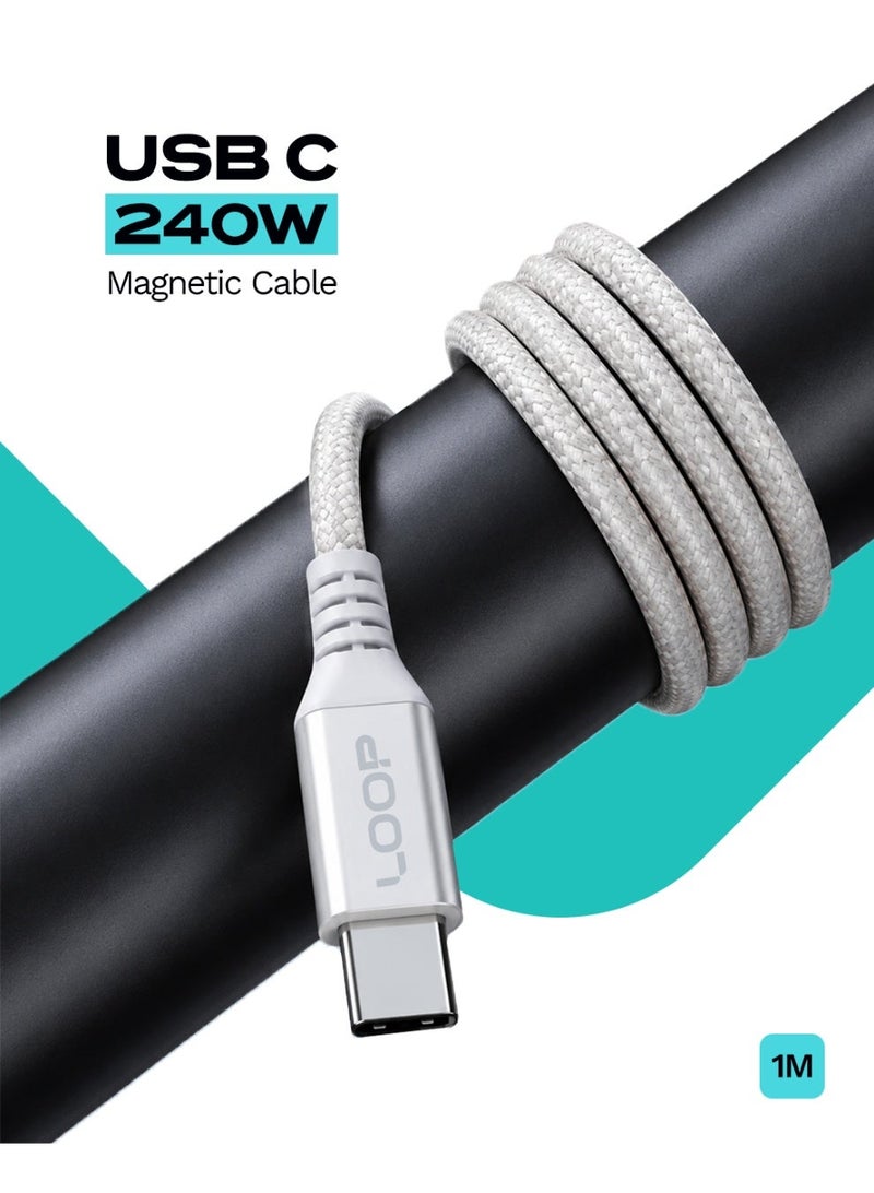 لووب كابل USB-C مغناطيسي من LOOP بقوة 240 واط، مضفر من النايلون وذو لف ذاتي، للشحن السريع لأجهزة MacBook وiPhone وSamsung (1M - أبيض) - Image 1