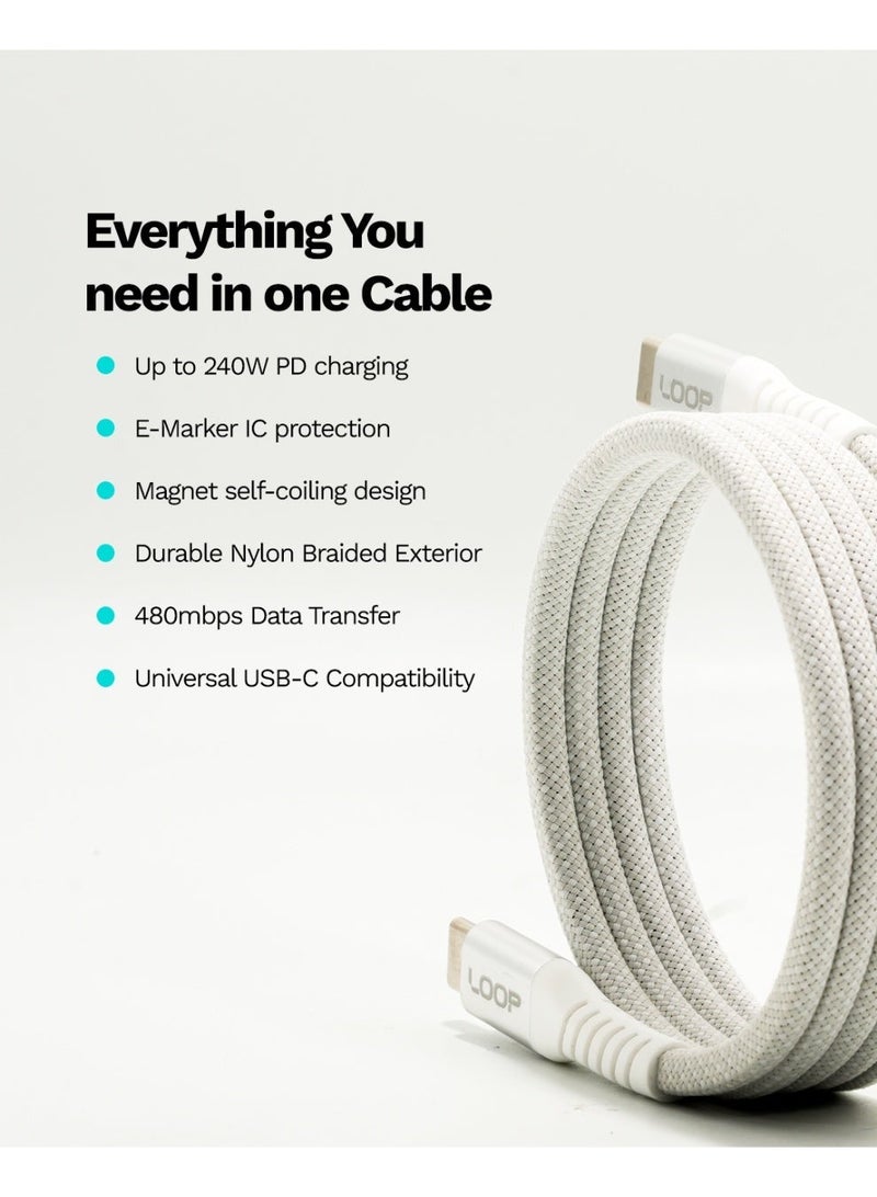 لووب كابل USB-C مغناطيسي من LOOP بقوة 240 واط، مضفر من النايلون وذو لف ذاتي، للشحن السريع لأجهزة MacBook وiPhone وSamsung (1M - أبيض) - Image 2