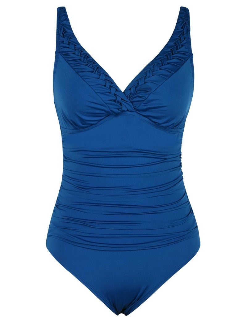 Hilor Women's One Piece Swimsuits Pin Tucked Surplice Swimwear Tummy Control Bathing Suits Monokinis Balkan Blue 10 - Image 4