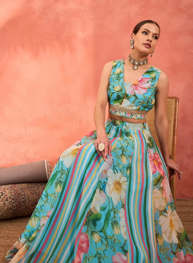 ساسافراس طقم بلوزة قصيرة بدون أكمام بطباعة زهور بلون أزرق مائي مع تنورة أناركلي