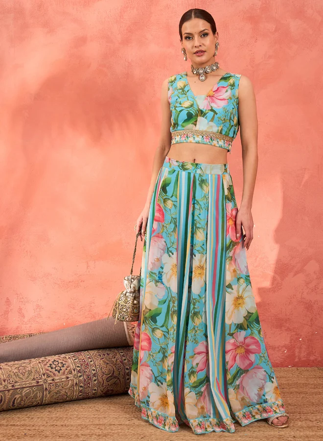 ساسافراس طقم بلوزة قصيرة بدون أكمام بطباعة زهور بلون أزرق مائي مع تنورة أناركلي