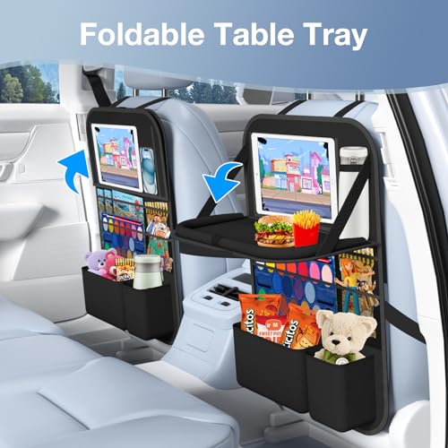 Oneyus Car Backseat Organizer with table Tray, 9 Storage Pockets Backseat Car Organizer with Tablet Holder, Back seat Organizer for Kids Road Trip Essentials Travel (1Pack) - Image 3