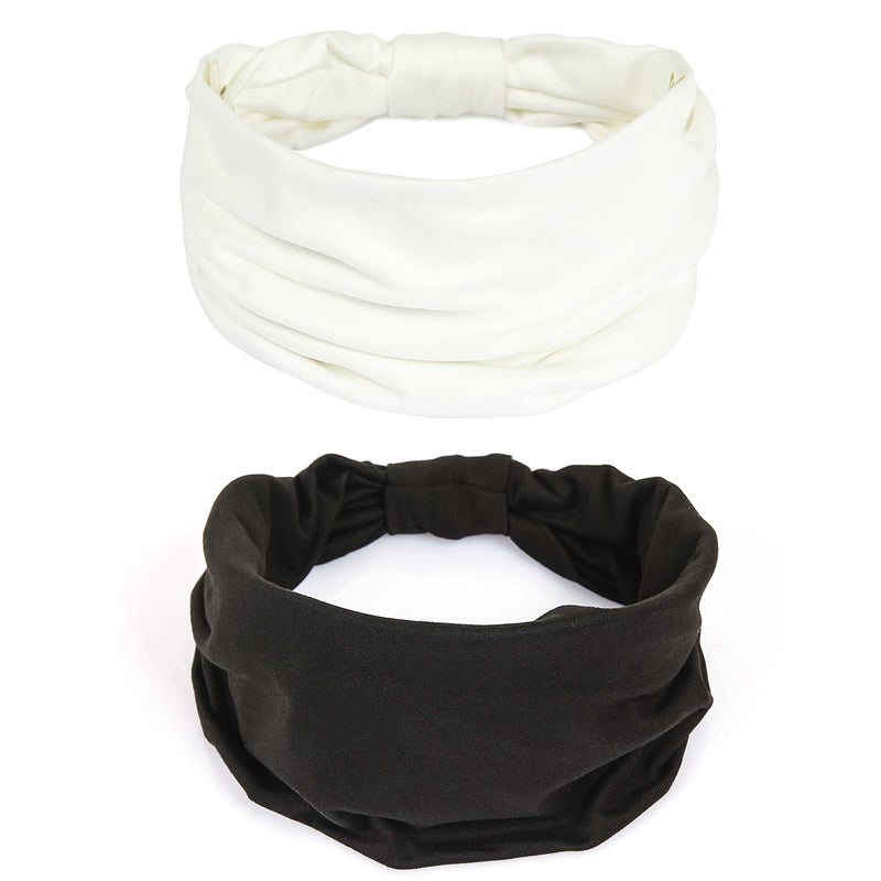 Gili GILI 2 Pack Wide Headbands for Women Boho African Knotted Non Slip Fashion Hair Bands Yoga Running Sports Workout Gym Head Wraps Elastic Soft Cotton Cloth Turbans Bandana for Girls WhiteBlack