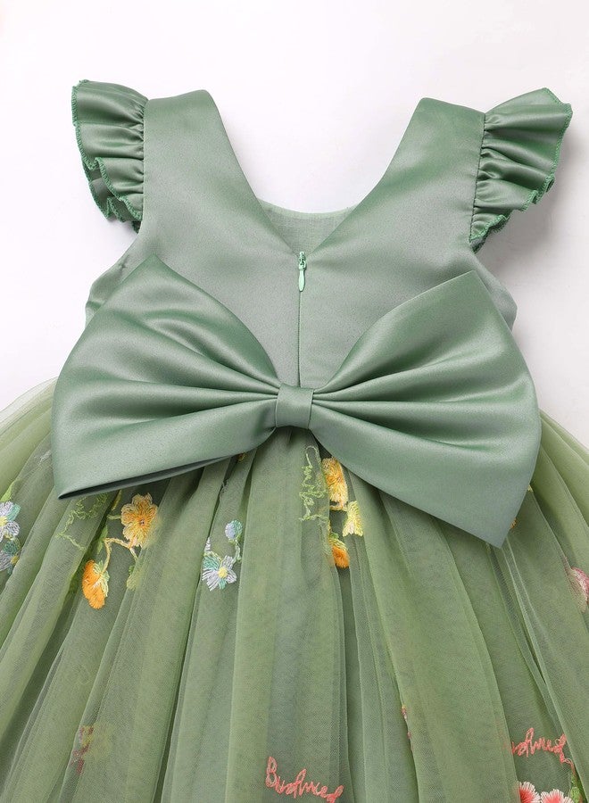 OBEEII Baby Girls Birthday Cake Smash Outfit Formal Baptism Photoshoot Tulle Dress Floral Embroidery Wedding Flower Girl Tutu Dress with Headband Toddler Cute Pageant Party Gown Green 2-3 Years - Image 5