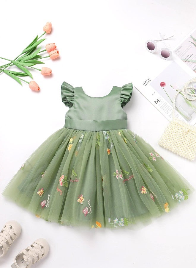 OBEEII Baby Girls Birthday Cake Smash Outfit Formal Baptism Photoshoot Tulle Dress Floral Embroidery Wedding Flower Girl Tutu Dress with Headband Toddler Cute Pageant Party Gown Green 2-3 Years - Image 3