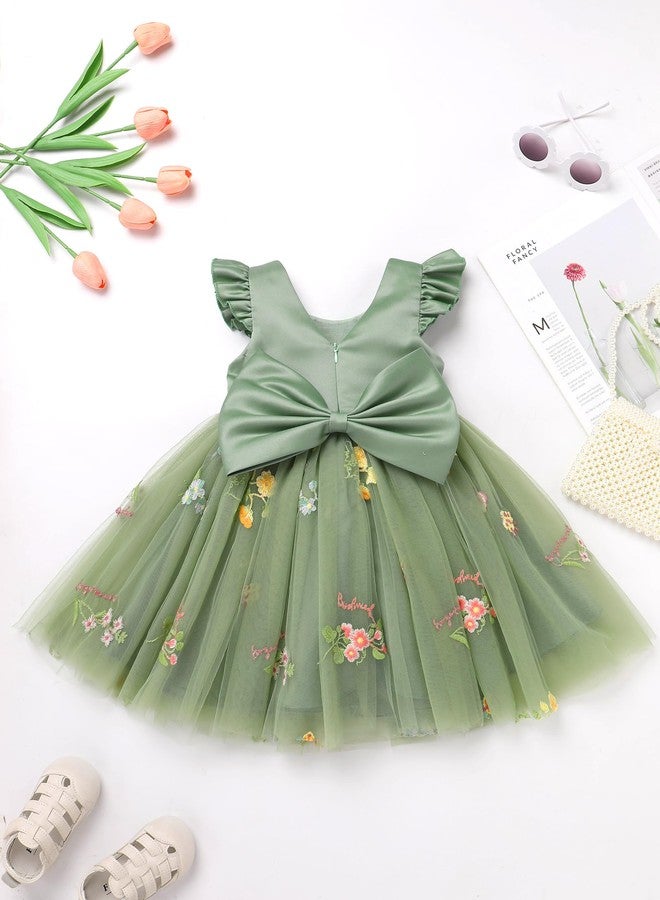OBEEII Baby Girls Birthday Cake Smash Outfit Formal Baptism Photoshoot Tulle Dress Floral Embroidery Wedding Flower Girl Tutu Dress with Headband Toddler Cute Pageant Party Gown Green 2-3 Years - Image 2