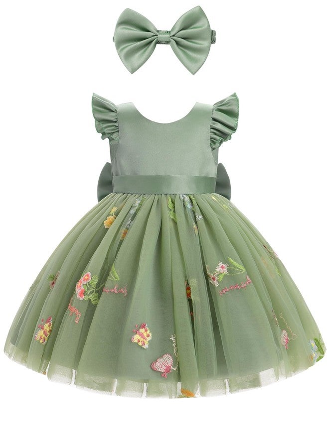 OBEEII Baby Girls Birthday Cake Smash Outfit Formal Baptism Photoshoot Tulle Dress Floral Embroidery Wedding Flower Girl Tutu Dress with Headband Toddler Cute Pageant Party Gown Green 2-3 Years - Image 1