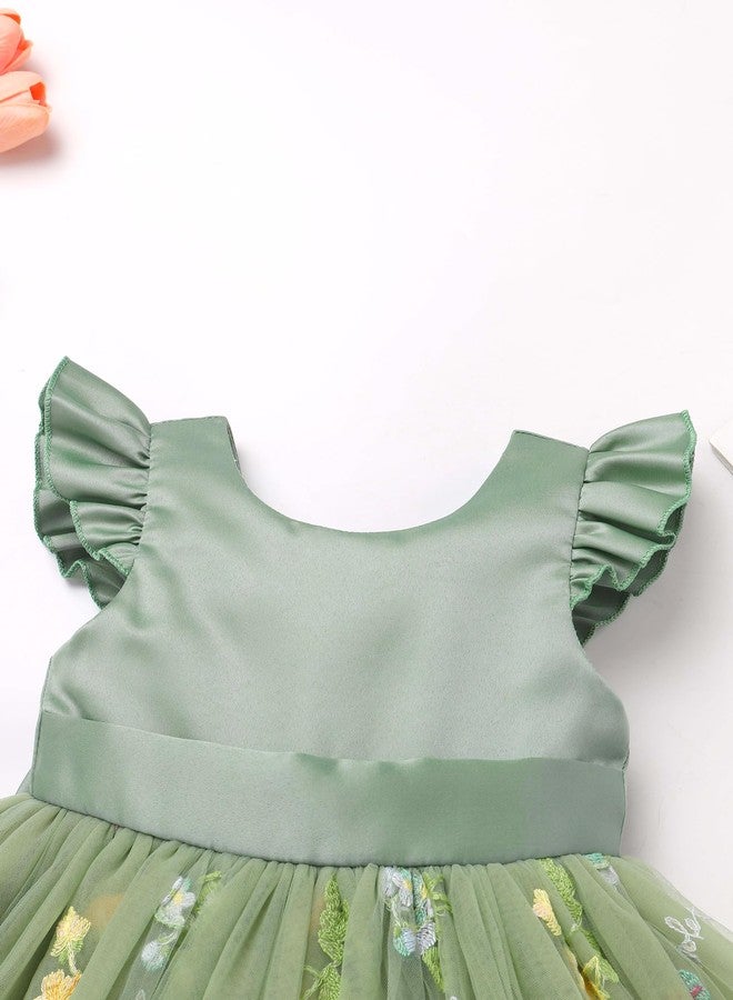 OBEEII Baby Girls Birthday Cake Smash Outfit Formal Baptism Photoshoot Tulle Dress Floral Embroidery Wedding Flower Girl Tutu Dress with Headband Toddler Cute Pageant Party Gown Green 2-3 Years - Image 4