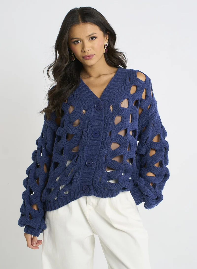 Navy Hollow Chunky Knit Cardigan