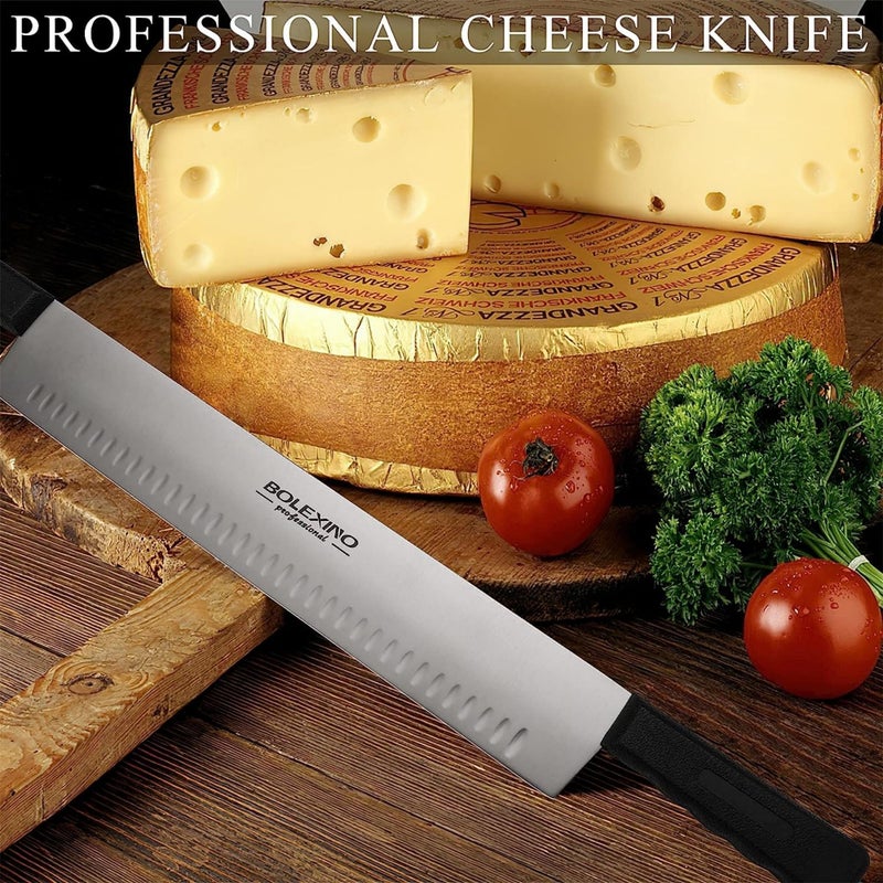 BOLEXINO سكين جبنة مزدوجة المقبض 15 بوصة من BOLEXINO لشرائح اللحم، شفرة من الفولاذ المقاوم للصدأ عالي الكربون مع مقبض بلاستيكي أسود بطول 5 بوصات للاستخدام مع الجبنة، الكعك، الخضروات، والصابون - Image 3