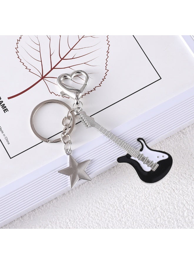 Electric Guitar Keychain with Star Charm and Heart Clasp for Keys and Bags, Slivery - Image 4