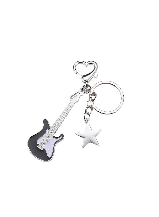 Electric Guitar Keychain with Star Charm and Heart Clasp for Keys and Bags, Slivery - Image 1