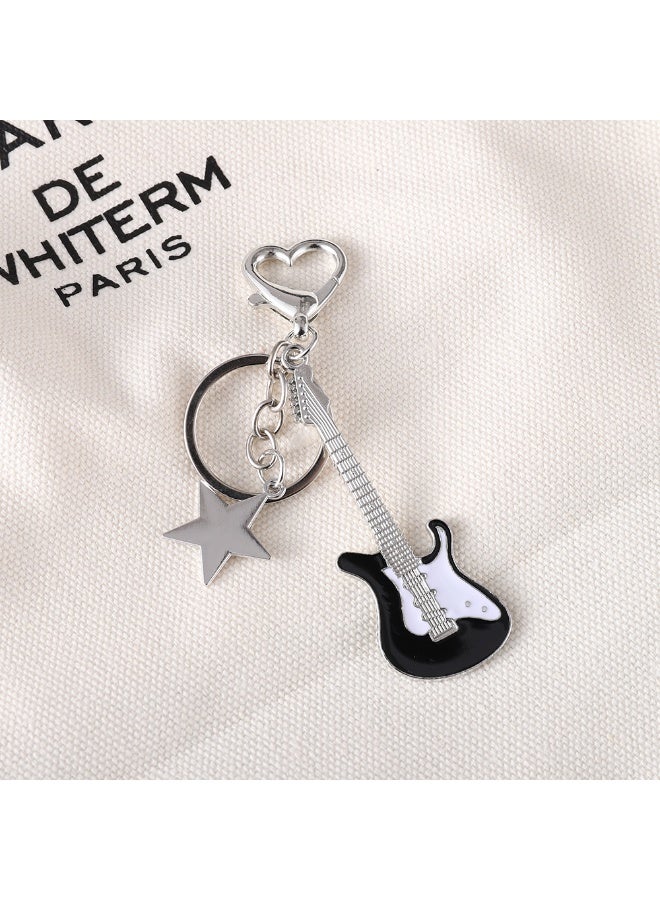 Electric Guitar Keychain with Star Charm and Heart Clasp for Keys and Bags, Slivery - Image 2