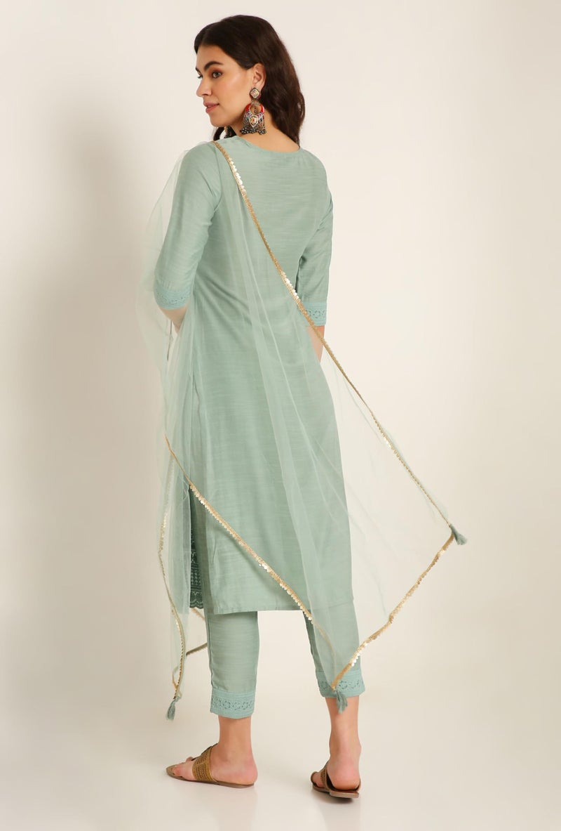 SHOPPING QUEEN Women's Silk Chikankari Kurta Pant Set with Dupatta (A521_Emrald Green_XS) - Image 3