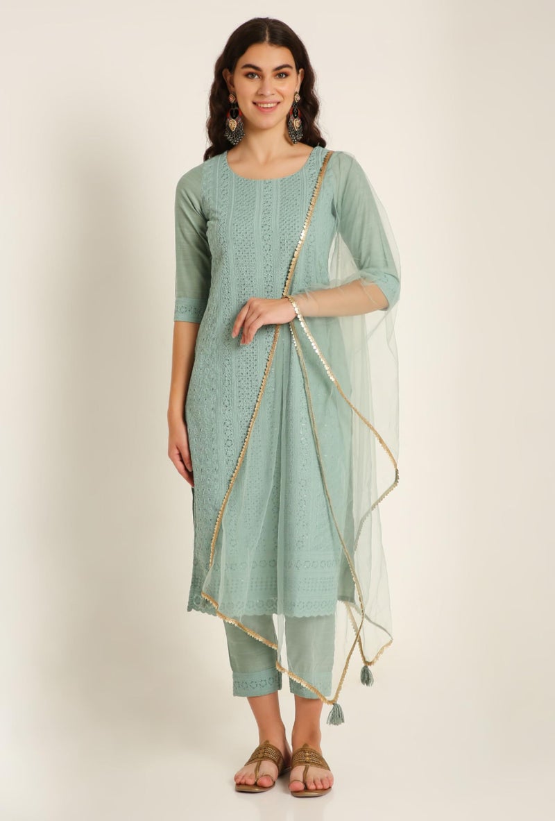 SHOPPING QUEEN Women's Silk Chikankari Kurta Pant Set with Dupatta (A521_Emrald Green_XS) - Image 2