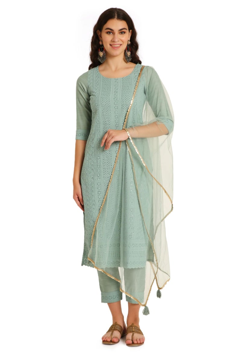 SHOPPING QUEEN Women's Silk Chikankari Kurta Pant Set with Dupatta (A521_Emrald Green_XS) - Image 1