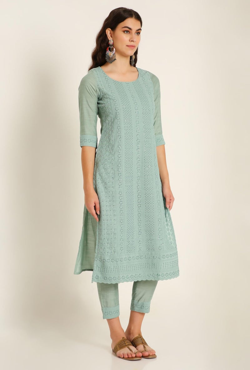 SHOPPING QUEEN Women's Silk Chikankari Kurta Pant Set with Dupatta (A521_Emrald Green_XS) - Image 4