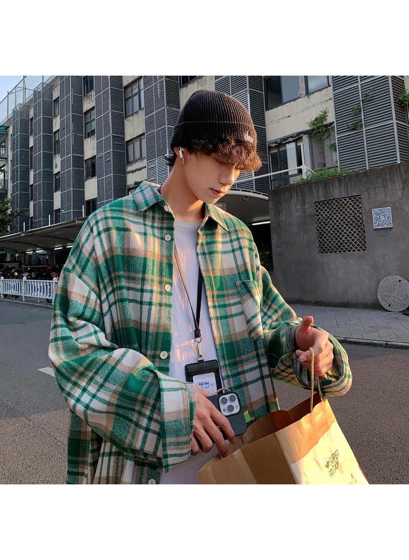 Generic - Green Wool Plaid Shirt Long Sleeve Casual Mens Outerwear Blue - Image 1