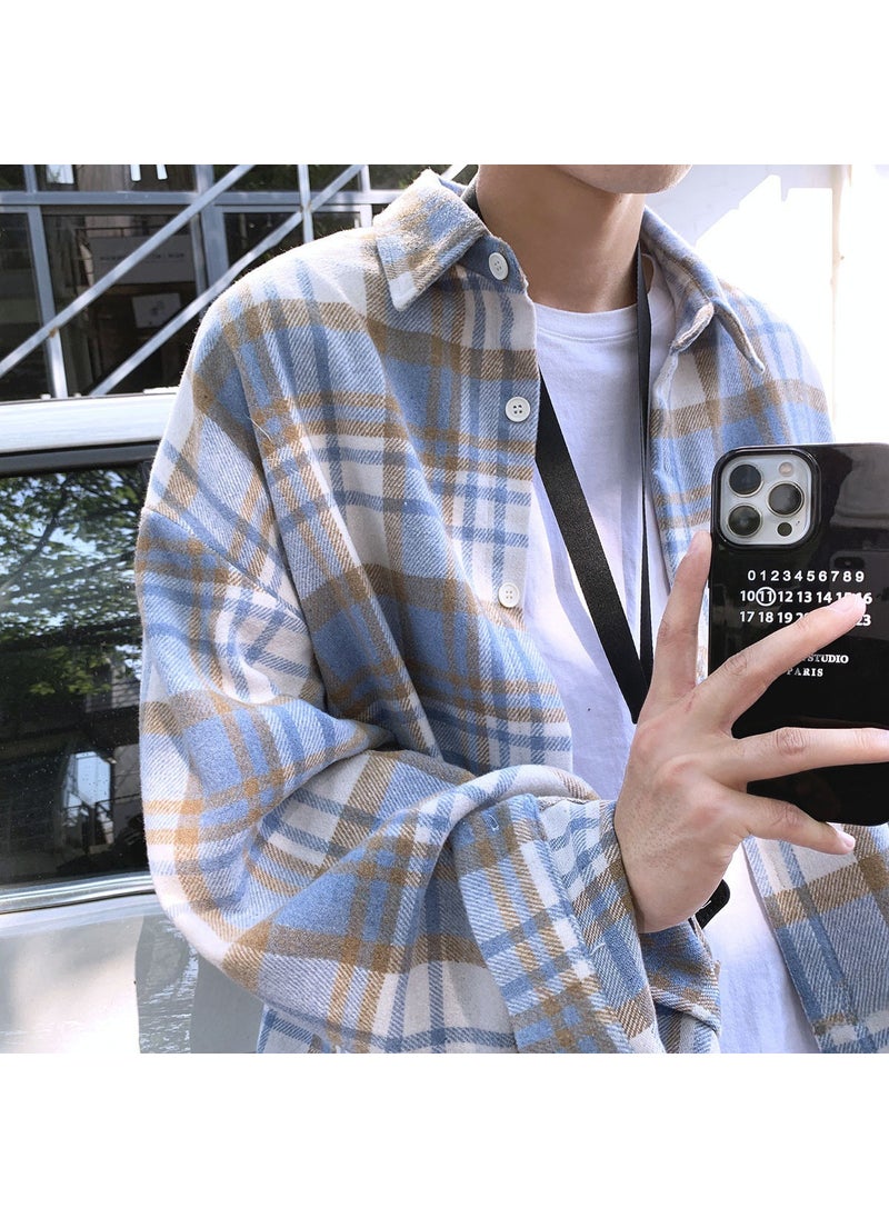 Generic - Green Wool Plaid Shirt Long Sleeve Casual Mens Outerwear Blue - Image 1